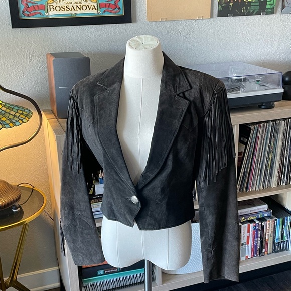 Vintage Leather Suede Fringe Charcoal Black Jacket - Picture 6 of 8